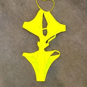 One piece neon yellow cut out swim new large